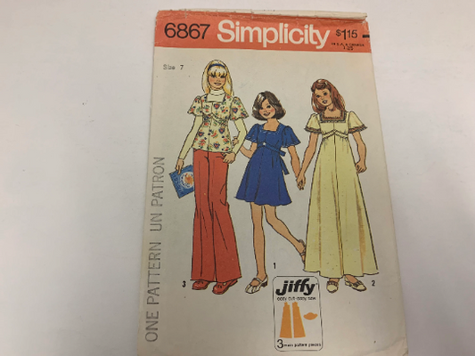 Simplicity Jiffy Sewing Pattern 6867 Girls'/Chubbies' Dress, Top, Tie Back, Two Lengths, Zipper Back, Short Sleeves, Size 7, Uncut, Vintage 1975