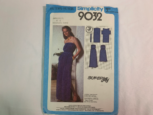 Simplicity Jiffy Sewing Pattern 9032 Misses' Dress, Pullover, Two Lengths, Sleeveless, Side Slit, Elastic Waist/Upper Edge, Pockets, Size 10-12, Cut, Vintage 1979