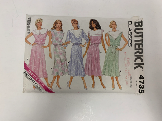 Butterick Sewing Pattern 4735 Misses' Dress, Pullover, Shoulder Pads, Loose-Fitting, Elastic Waist, Flared, Slit, Size 20-24, Uncut, Vintage 1987