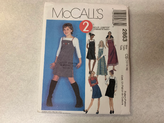 McCall's Sewing Pattern 2863 Girls' Jumper, Two Lengths, Dress, Zipper, Shoulder Straps, Darts, 6 Variations, Size 12-16, Uncut, 2000