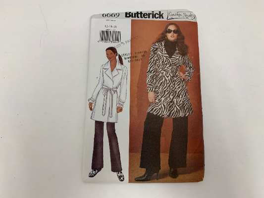 Butterick Sewing Pattern 6669 Misses' Jacket, Coat, Belt, Fitted, Collar, Long Sleeves, Princess Seams, Wrap, Size 12-16, Uncut