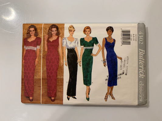 Butterick Sewing Pattern 4302 Misses' Dress, Top, Semi-Fitting, Straight, Two Lengths, Zipper, Button Closing, Sleeveless, Size 6-10, Cut, Vintage 1995