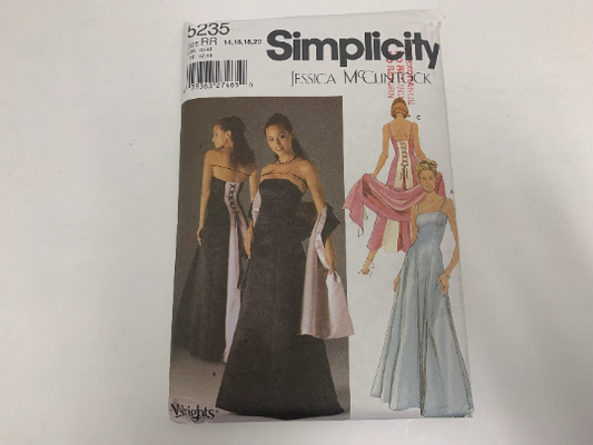 Simplicity Sewing Pattern Jessica McClintock 5235 Misses'/Misses' Petite Evening Dress, Floor Length, Evening Gown, Two Lengths, Shawl, Sleeveless, Darts, Size 14-20, Cut, 2004