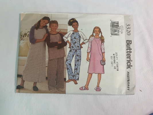 Butterick Sewing Pattern 3320 Girls'/Boys' Pajamas, Top, Gown, Pants, Loose-Fitting, Pullover, Long Sleeves, Straight Leg, Size 12-16, Uncut, 2001