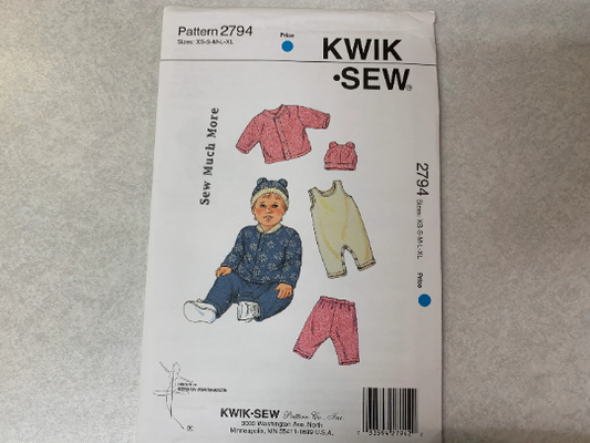 KWIK Sewing Pattern 2794 Baby Jacket, Pants, Overalls, Hat, Pull-Over, Snap/Button, Closure, Elastic Waist, Long Sleeves, Cut, Size XS-XL, Vintage 1999