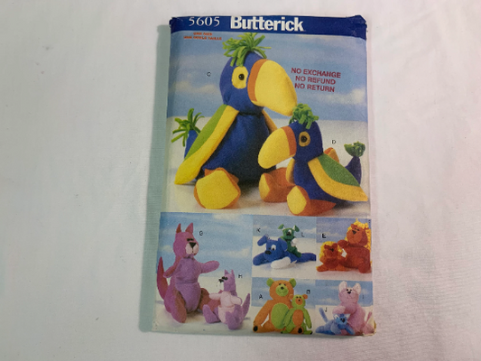Butterick Sewing Pattern 5605 Craft Bean Bag Animal, Cut, Bear, Parrot, Lion Cub, Kangaroo, Cat, Kitten, Dog, Puppy, Joey, Fiberfill, Beads, Cut, Vintage 1998