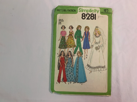 Simplicity Sewing Pattern 8281 Wardrobe for 11-12 Inch Dolls, Cher, Barbie, Farrah, Skirt, Tops, Dress, Jumpers, Wedding, Cape, Vest, Cut, Vintage 1977