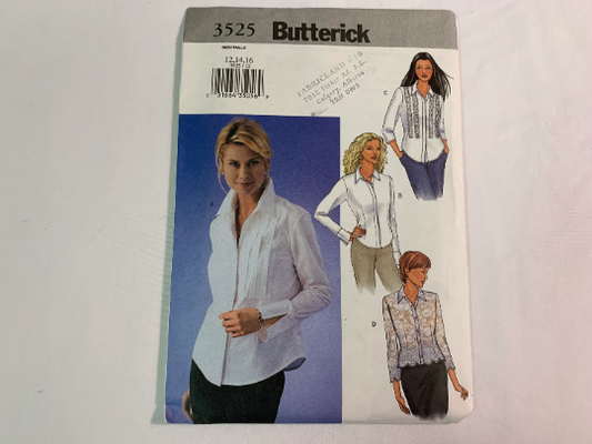 Butterick Sewing Pattern 3525 Misses' Shirt, Blouse, Semi-Fitted, Long Sleeves, Cuffs, Collar, Button Front, Tops, 4 Variations, Size 12-16 Uncut, 2002