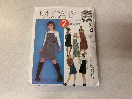 McCall's Sewing Pattern 2863 Girls' Jumper, Two Lengths, Dress, Zipper, Shoulder Straps, Darts, 6 Variations, Size 7-10, Uncut, 2000