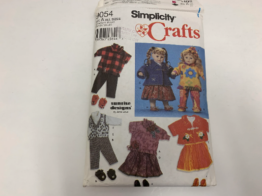 Simplicity Sewing Pattern 9054 Doll Clothes, Crafts, Three Sizes, 20", 22", 23", Coat, Pants Skirt, Vest, Top, Shoes, Head Band, Elastic Waist, Cut, Vintage 1999