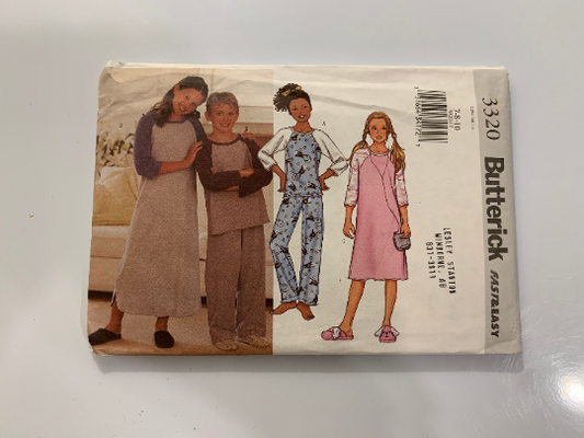 Butterick Sewing Pattern 3320 Girls'/Boys' Pajamas, Top, Gown, Pants, Loose-Fitting, Pullover, Long Sleeves, Straight Leg, Size 7-10, Cut, 2001