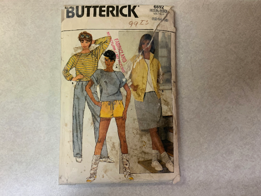 Butterick Sewing Pattern 6692 Misses' Top, Shorts, Vest, Skirt, Pants, Loose-Fitting, Collar, Pockets, Button/Snap, Slit, Size 12-16, Uncut, Vintage 1980
