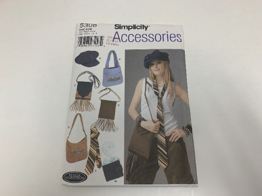 Simplicity Sewing Pattern 5308 Set of Bags, Hippie, Shoulder Strap, Cap, Tie, Cd Holder/Case, Hat 3 Sizes, Purse, Fringe, Uncut, 2003