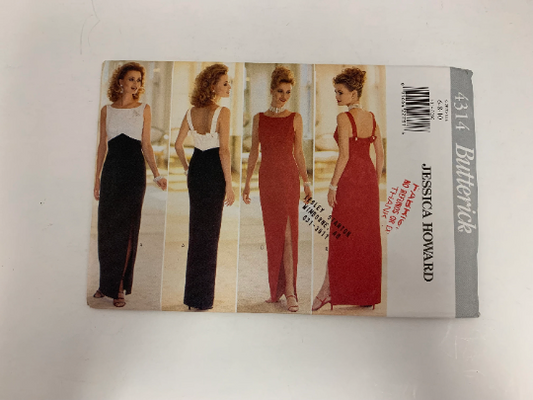 Butterick Sewing Pattern 4314 Misses' Lined Dress, Gown, Evening Length, Front Slit, Zipper, Tapered Skirt, Close-Fitting, Size 6-10, Uncut, Vintage 1995