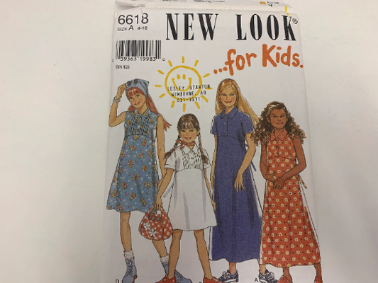 Simplicity New Look Sewing Pattern 6618 Girls' Dress, Sleeveless, Two Lengths, Back Tie, Button Front, Short Sleeves, Size 4-10, Uncut, Vintage 1999