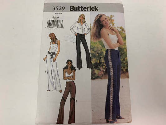 Butterick Sewing Pattern 3529 Misses' Pants, Semi-Fitted, Mock Fly Zipper, Flared, 4 Variations, Below Waist, Size 6-10, Uncut, 2002