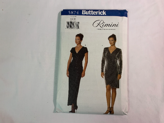 Butterick Sewing Pattern Rimini 5874 Misses' Dress, Two Lengths, Close-Fitting, Shoulder Straps, Zipper, Wrap Front, Straight, Size 6-10, Uncut, Vintage1998