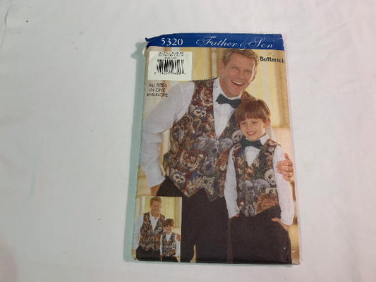 Butterick Sewing Pattern Father & Son 5320 Men's/Boys' Vest, Bow Tie, Lined, Button Front, Sleeveless, Fitted, Tie Back, Cut, All Sizes, Vintage 1997