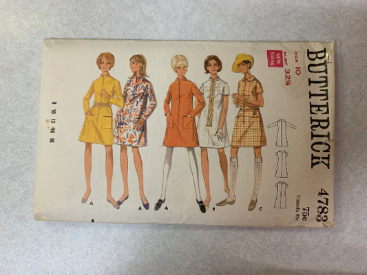 Butterick Sewing Pattern 4783 Misses' One-Piece Dress, Long/Short Sleeves, A-Line, Collar, Pockets, Darts, 1970's, Size 10, Cut, Vintage 1960