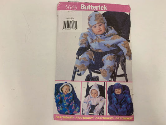 Butterick Sewing Pattern 5643 Infants' Bunting Bags, Hat, Loose-Fitting, Hood, Front Zipper, Long Sleeves, Mitts, 12-21 Pounds, Cut, Vintage 1998