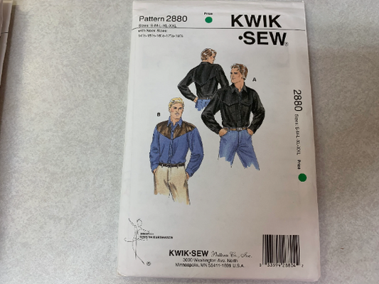 Kwik Sewing Pattern 2880 Men's Shirts, Long Sleeves, Front Button, Cuffs, Western Style, Collar, Pockets, Front Tabs, Size S-XXL, Uncut