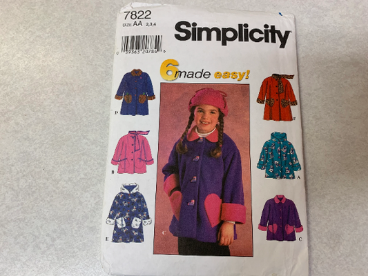 Simplicity Sewing Pattern 7822 Girls' Jacket, Coat, Hood, Long Sleeves, Front Buttons, Pockets, Scarf Collar, Cuff, Size 2-4, Uncut, Vintage 1997
