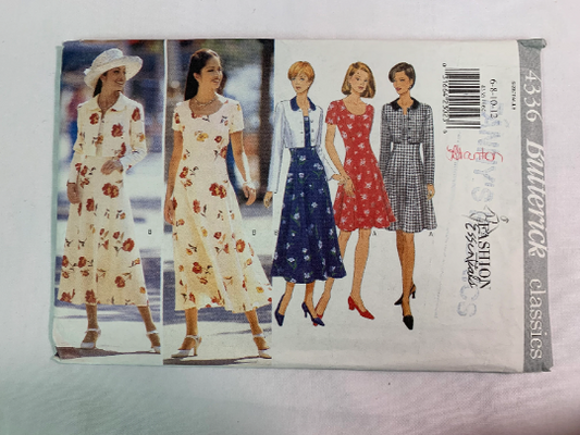 Butterick Sewing Pattern 4336 Misses' Jacket, Dress, Fitted, Shoulder Pads, Flared Skirt, Two Lengths, Zipper, 2 Variations, Size 6-12, Uncut, Vintage 1996
