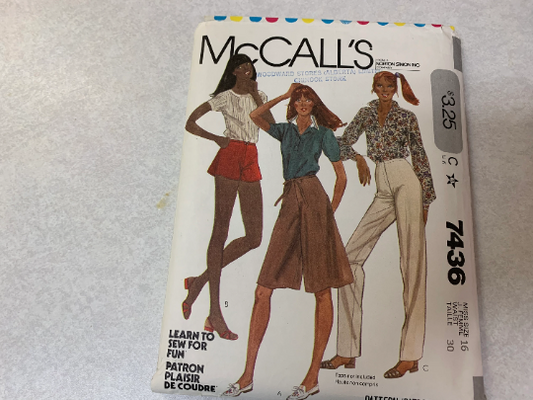 McCall's Sewing Pattern 7436 Misses' Top, Culottes, Pants, Shorts, Zipper Pockets, Three Lengths, Long/Short Sleeves, Size 16, Cut, Vintage 1981