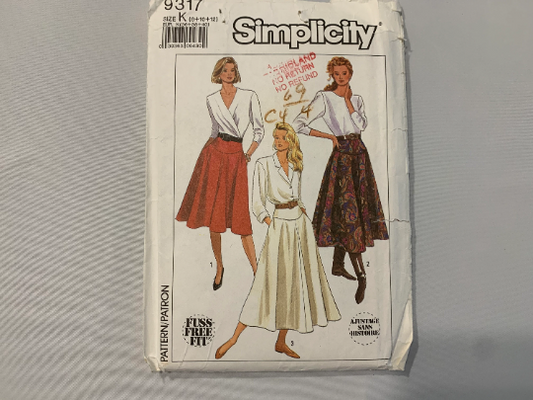 Simplicity Sewing Pattern 9317 Misses' Skirt, Three Lengths, Flared, Fitted Yoke, Zipper, Pockets, Waistband, Ladies, Size 8-12, Cut, Vintage 1989