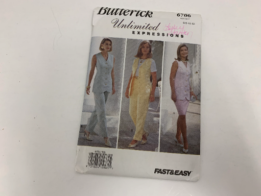 Butterick Sewing Pattern 6706 Misses'/Misses' Petite Fitted Top, Semi-Fitted Skirt, Tapered Pants, Button Front, Sleeveless, Elastic Waist, Size 6-12, Uncut, Vintage 1993