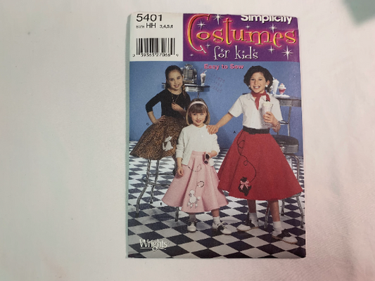 Simplicity Sewing Pattern 5401 Girls' Poodle Skirt, Circular, Animal Appliques, Waistband, Zipper, Below Knee, Costume, Size 3-6, Uncut, 2003