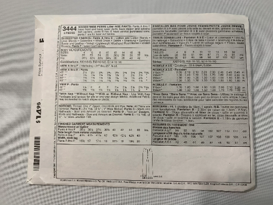 McCall's Sewing Pattern 3444 Misses' Pants, Low Rise, Darts, Zipper, Belt Carriers, Six Variations, Slacks, Jeans, Teens, Size 14-18, Uncut, 2001