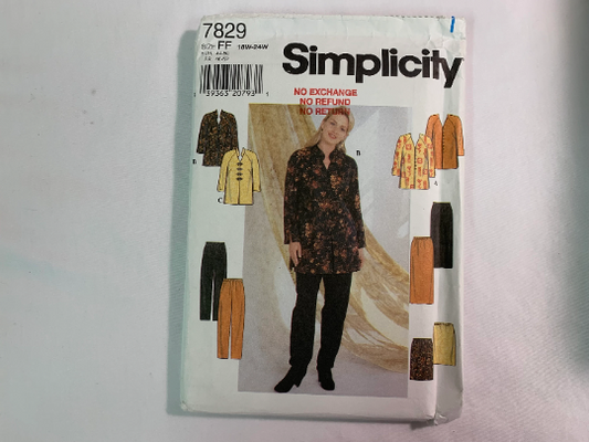 Simplicity Sewing Pattern 7829 Misses' Tunic, Skirt, Pants, Loose-Fitting, Long Raglan Sleeves, Button Front, Size 18W-24W, Uncut, Vintage 1997