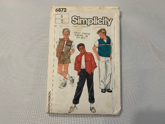 Simplicity Sewing Pattern 6872 Boys' Pull-On Pants/Shorts, Unlined Jacket/Vest, Pocket, Front Zipper, Elastic Waist, Pocket, Size 8, Cut, Vintage 1985