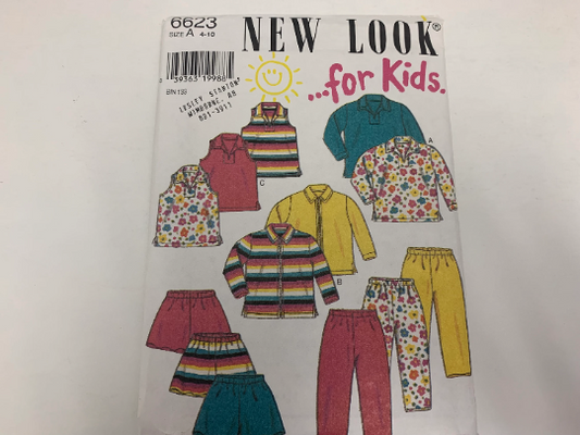 Simplicity New Look Sewing Pattern 6623 Boy's/Girls' Tops, Sweatshirt, Zipper, Collar, Loose-Fitting, Elastic Waist, Shorts, Size 4-10, Uncut, Vintage 1999