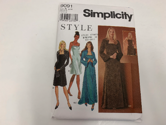 Simplicity Sewing Pattern 9091 Misses' Dresses, Bolero Jacket, Sleeveless, Long Sleeves, Zipper, Fitted, Darts, Lined, Size 6-16, Uncut, Vintage 1999