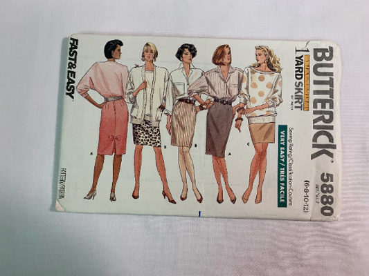 Butterick Sewing Pattern 5880 Misses' Straight Skirt, Two Lengths, Waistband, Zipper, Slit, Darts, Size 6-12, Cut, Vintage 1987