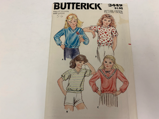 Butterick Sewing Pattern 3449 Girls' Top, Loose-Fitting, 4 Variations, Waistband, Dropped Shoulders, Long/Short Sleeves, Size 5-6, Cut, Vintage 1970