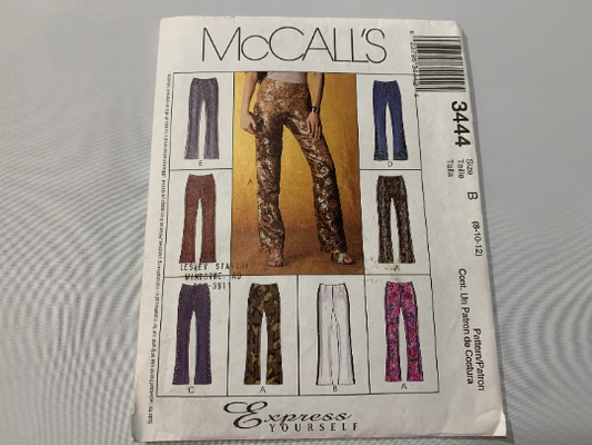 McCall's Sewing Pattern 3444 Misses' Pants, Low Rise, Darts, Zipper, Belt Carriers, Six Variations, Slacks, Jeans, Teens, Size 8-12, Uncut, 2001
