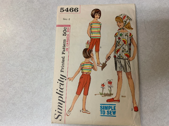 Simplicity Sewing Pattern 5466 Child's/Girls' Blouse, Scarf, Pants, Two Lengths, Fitted, Zipper, Bateau Neckline, Size 6, Cut, Vintage 1964