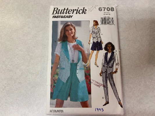Butterick Sewing Pattern 6708 Misses' Vest, Top, Shorts, Pants, Loose-Fitting, Lined, Tapered, Elastic Waist, Size 12, Cut, Vintage 1993