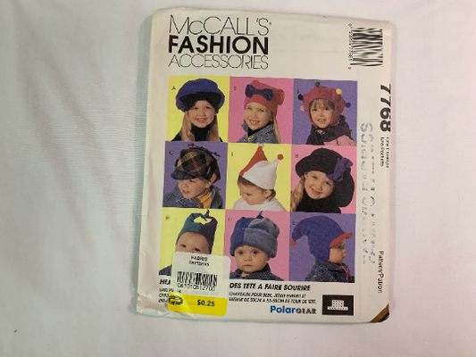 McCall's Sewing Pattern 7768 10 Styles, Toddlers', Infant's, Children's, Hats, Bows, Pom Pons, Cap, Toque, Uncut, Vintage 1995