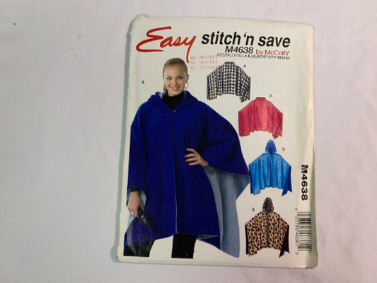 McCall's Sewing Pattern M4638 Misses' Capes, Pullover, Reversible Hooded Poncho, Funnel Neck, Button Closure, Size 4-14, Uncut, 2004