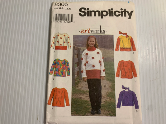 Simplicity Sewing Pattern 8306 Girls' Tops, Scarf, Loose-Fitting, Three Lengths, Pleats, Size 7-10, Uncut, Vintage 1998