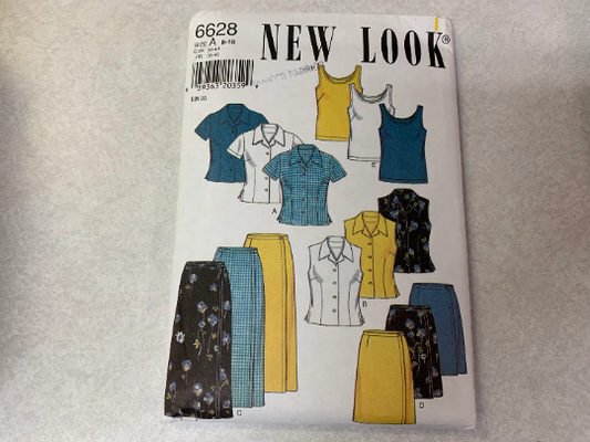Simplicity New Look Sewing Pattern 6628 Misses' Blouse, Skirt, Top, Short Sleeves, Sleeveless, Two Lengths, Button Front, Size 8-18, Uncut, Vintage 1999