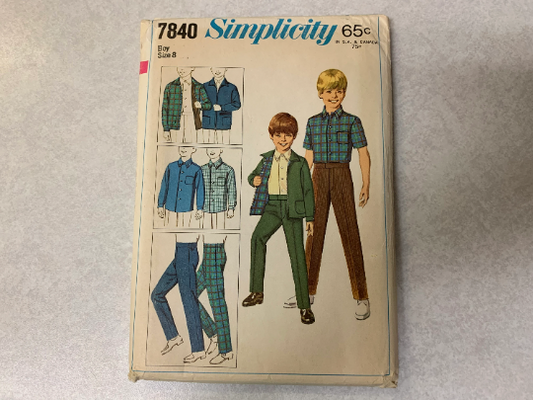 Simplicity Sewing Pattern 7840 Boys' Jacket, Pants, Shirt, Front Button, Long/Short Sleeves, Zipper, Pockets, Cuffs, Collar, Size 8, Uncut, Vintage 1968