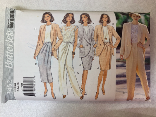Butterick Sewing Pattern 3452 Misses' Jacket, Top, Skirt, Pants, Semi Fitted, Long Sleeves, Sleeveless, Shoulder Pads, Size 12-16, Cut, Vintage 1994