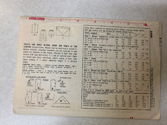 Simplicity Sewing Pattern 5466 Child's/Girls' Blouse, Scarf, Pants, Two Lengths, Fitted, Zipper, Bateau Neckline, Size 6, Cut, Vintage 1964