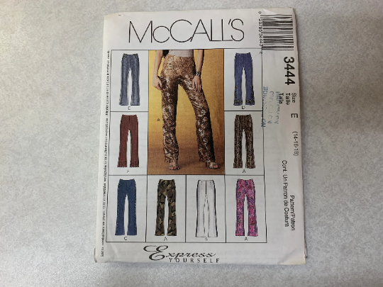 McCall's Sewing Pattern 3444 Misses' Pants, Low Rise, Darts, Zipper, Belt Carriers, Six Variations, Slacks, Jeans, Teens, Size 14-18, Uncut, 2001