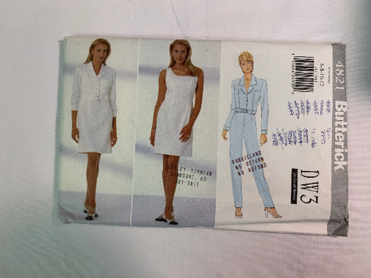 Butterick Sewing Pattern 4821 Misses' Jacket, Pants, Dress, Loose-Fitting, Long Sleeves, Shoulder Pads, Zipper, Collar, Size 6-12, Uncut, Vintage 1997